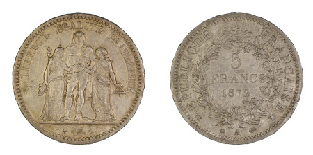 France 1872 A, 5 Francs, in Extra Fine condition
