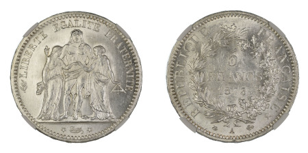 France 1873A, 5 Francs. Graded MS 64 by NGC. 
