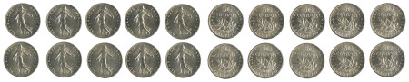 France 1899, 10 coin lot of 50 Centimes in BU condition