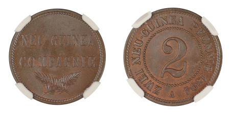 German New Guinea 1894A, 2 Pfennig. Graded MS 65 Brown by NGC - Only one coin graded higher.