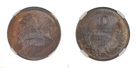German New Guinea 1894A, 10 Pfennig. Graded MS 65 Brown by NGC - Only one coin graded higher.