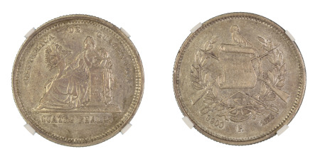Guatemala 1873 P, 4 Reales. Graded AU 53 by NGC. 