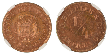 Guatemala (UNDATED), Token.  Sacatepequez O.Bleuler & Co.. Graded MS 64 Red by NGC. - the highest graded.