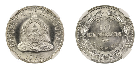 Honduras 1954, 10 Cents. Graded MS 68 by NGC - No coin graded higher.