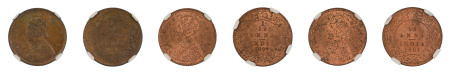India, British  3 Coin lot- 1862 1/12 KM465, 1897 1/12 A KM483, 1901 1/12 A KM483. Graded MS 62 Red Brown by NGC. 