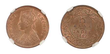 India, British 1882(C), 1/12 Anna . Graded MS 65 Brown by NGC - the highest graded.