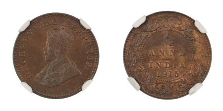 India, British 1915(C), 1/12 Anna . Graded MS 65 Brown by NGC - No coin graded higher.
