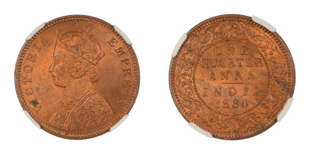 India, British 1880(C), 1/4 Anna . Graded MS 64 Red Brown by NGC. 