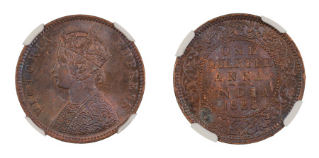 India, British 1885C, 1/4 Anna . Graded MS 63 Brown by NGC - only two coins graded higher.