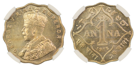 India, British 1918(B), Anna. Graded MS 63 by NGC - only three coins graded higher.