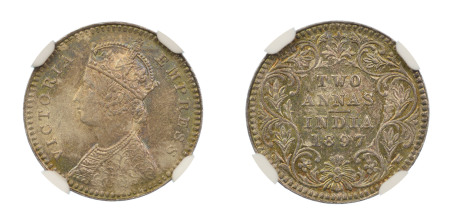 India, British 1897C, 2 Anna. Graded MS 63 by NGC. 