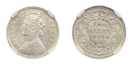 India, British 1888(C), 2 Anna. No Mintmark. Graded MS 63 by NGC. 