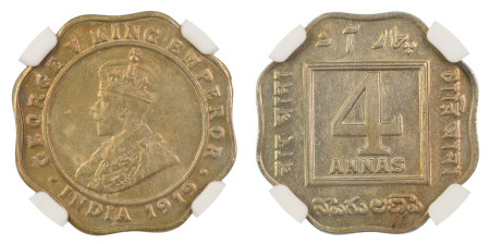 India, British 1919(C), 4 Anna. Graded AU 58 by NGC. 