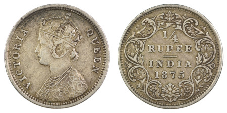 India, British 1875, 1/4 Rupee, in Almost Extra Fine condition
