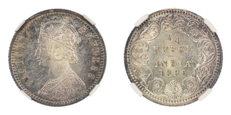 India, British 1886C, 1/4 Rupee. Graded MS 63 by NGC. 