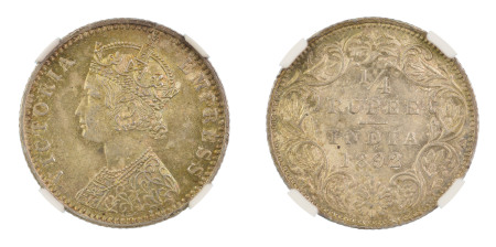India, British 1892B, 1/4 Rupee. Graded MS 63 by NGC - only three coins graded higher.