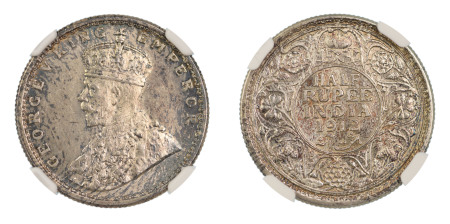 India, British 1912(B), 1/2 Rupee. Graded MS 63 by NGC. 