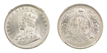 India, British 1919(B), 1/2 Rupee. Graded MS 63 by NGC. 