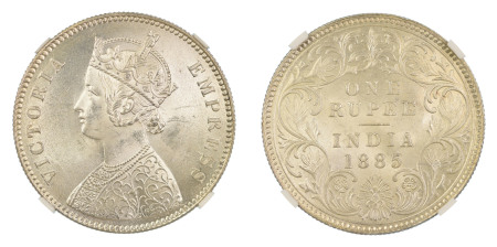 India, British 1885C, Rupee. Graded MS 64+ by NGC. 