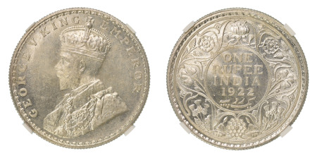 India, British 1922(B), Rupee. Graded MS 63 by NGC. 
