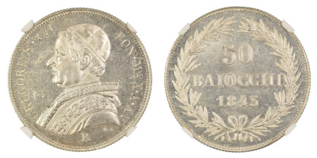 Italy, Papal States 1845R XV, 50 Baiocchi. Graded MS 64 by NGC - Only one coin graded higher.