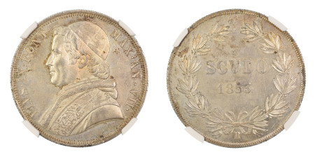 Italy, Papal States 1853R VII, Scudo. Graded MS 63 by NGC - Only one coin graded higher.