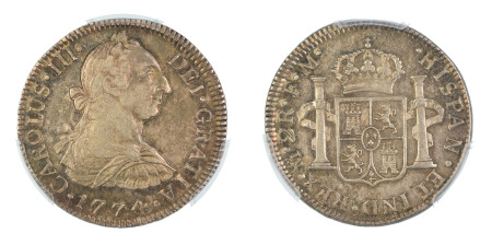 Mexico 1774-Mo FM, Charles III, 2 Reales, graded AU58 by PCGS