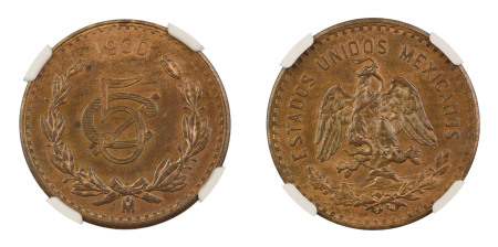 Mexico 1930Mo, 5 Centavos. Large 0. Graded MS 64 Red Brown by NGC. - only three coins graded higher.