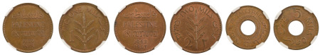 Palestine, 3 coin lot- 1 Mil 1939 KM1, 2 Mil 1942 Km 2, 5 Mils 1942 KM 3a. Graded MS 63 to 64 brown by NGC