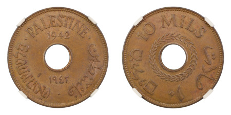 Palestine 1942, 10 Mils . Bronze . Graded MS 64 Brown by NGC. 