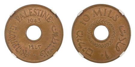 Palestine 1943, 10 Mils . Graded MS 63 Brown by NGC. 