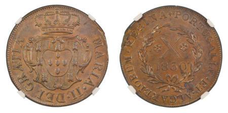 Portugal, Azores 1830, 10 Reis . Terceira Island. Graded MS 62 Brown by NGC. 
