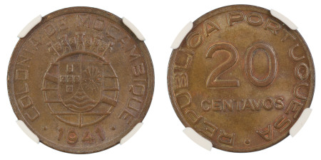 Mozambique 1941, 20 Centavos . Graded MS 66 Brown by NGC - No coin graded higher.