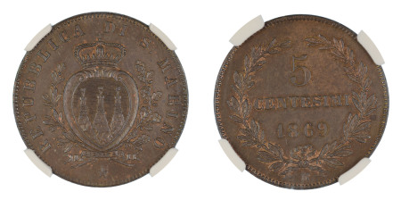San Marino 1869M, 5 Centesimi. Graded MS 65 Brown by NGC - No coin graded higher.