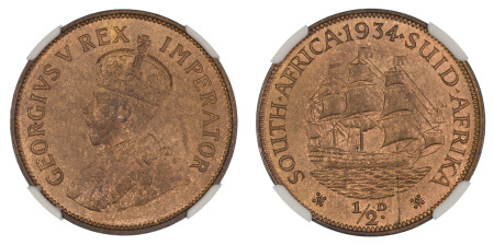 South Africa 1934, 1/2 Pence. Graded MS 64 Red Brown by NGC. 