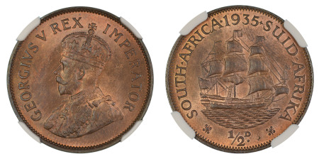 South Africa 1935, 1/2 Pence. Graded MS 66 Red Brown by NGC - Only one coin graded higher.