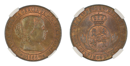 Spain 1866, 2.5 Centimos. Barcelona. Graded MS 65 Brown by NGC. - the highest graded.