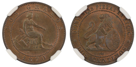Spain 1870 OM, 2 Centimos . Graded MS 65 Brown by NGC. 