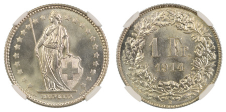 Switzerland 1914B, Franc. Graded MS 66 by NGC. 