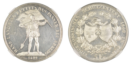 Switzerland, Shooting Thalers 1869, 5 Francs. Zug Festival. Graded MS 62 Prooflike by NGC. - the highest graded.