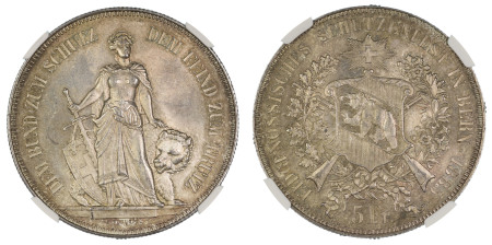 Switzerland, Shooting Thalers 1885, 5 Francs. Bern Festival. Graded MS 64 by NGC. 