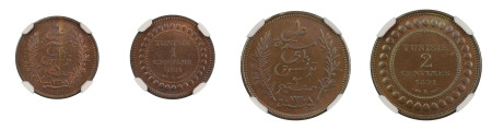 Tunisia AH1308/1891A, 1 and 2 Centimes. 2 coin lot . Graded MS 65 and MS 66 by NGC. 