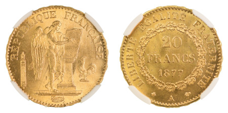 France 1877A, 20 Francs. Graded MS 65 by NGC. 