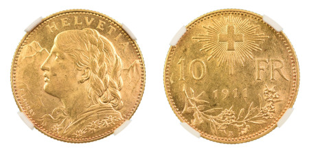 Switzerland 1911B, 10 Francs. Graded MS 63 by NGC. 