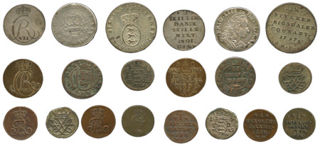 Denmark, 10 coin lot of various dates and denominations 1711 to 1908