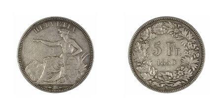 Switzerland 1850 A, 5 Francs, in Very Fine + condition