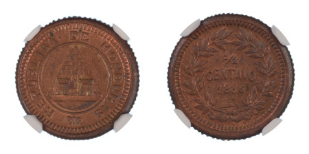 Honduras 1886, 1/2 Centavo. Graded MS 64 Red Brown by NGC - the highest graded.