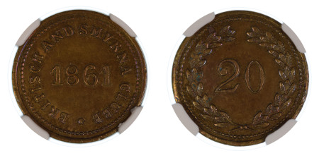 Turkey 1861, . British & Smyrna Clubb "20P" - (20Mm) Token. Graded MS 63 Standard Brown by NGC. 