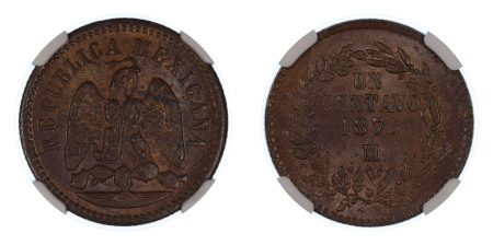 Mexico 1875MO, 1 Centavos. Graded MS 62 Brown by NGC - Only one coin graded higher.