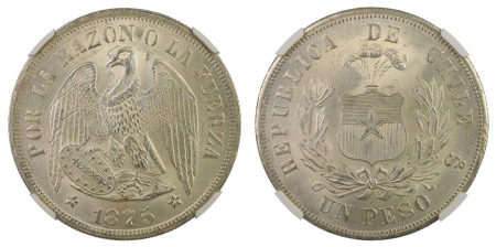 Chile 1875SO, Peso. Graded MS 65 by NGC - No coin graded higher.
